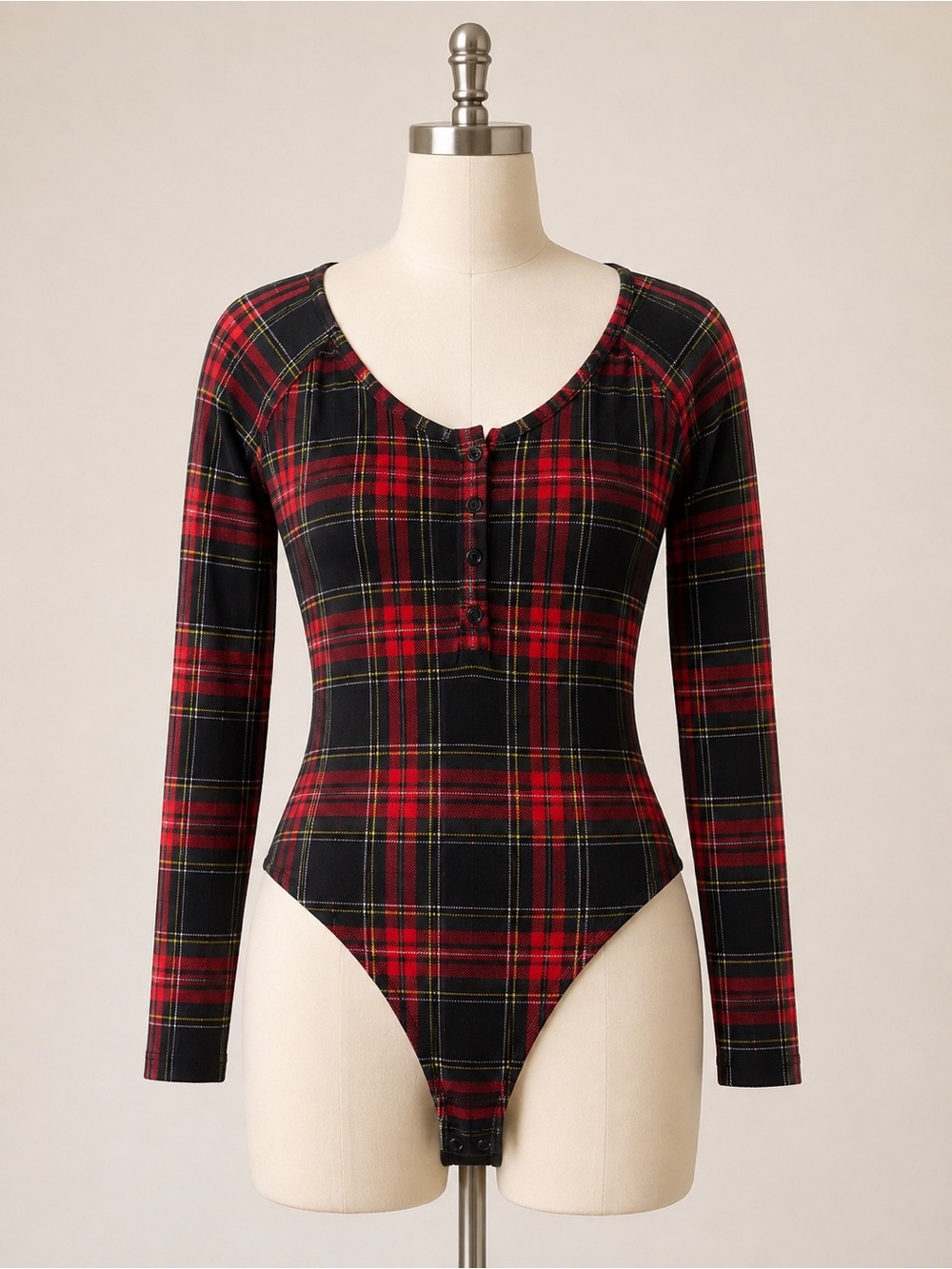 Plaid Scoop Neck Long-Sleeve Bodysuit - Red/Black